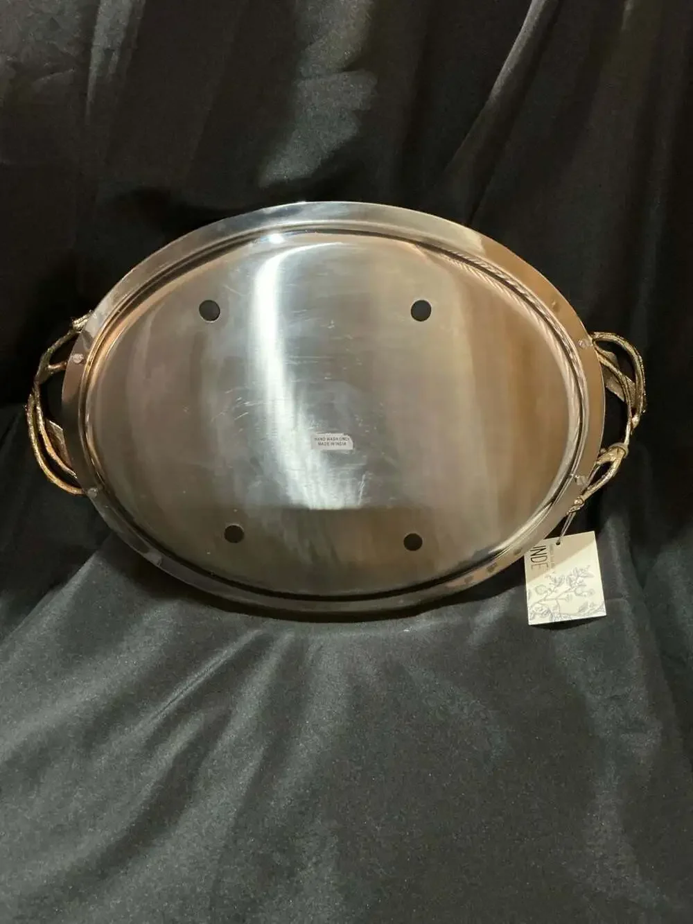 INDE Stainless Steel Oval Serving Tray with Gold Floral Branch Handles